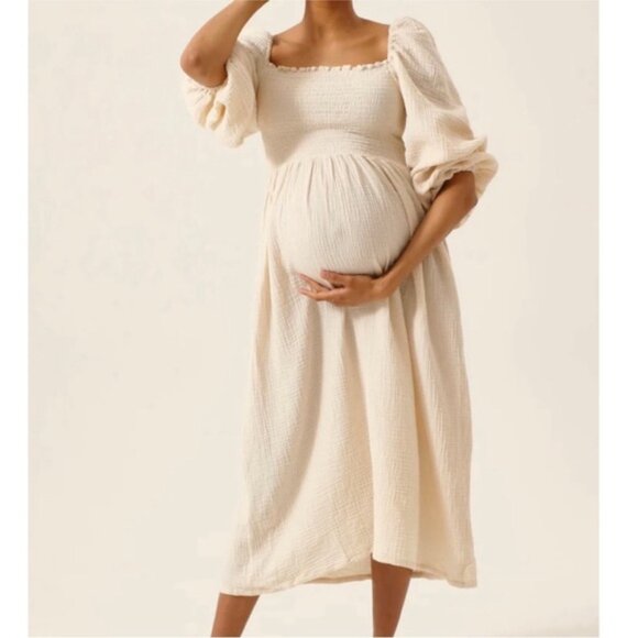 Nothing Fits But Kiko Woven Gauze Puff Sleeve Square Neck Midi Dress Cream S/M - Picture 3 of 11